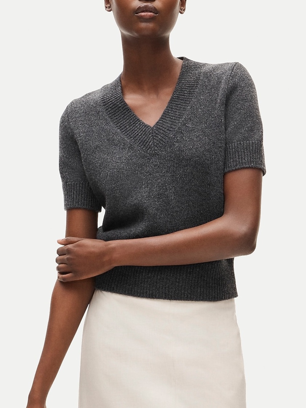J. Crew Women's Short Sleeve V-Neck Sweater in Vintage Wool Charcoal NWT